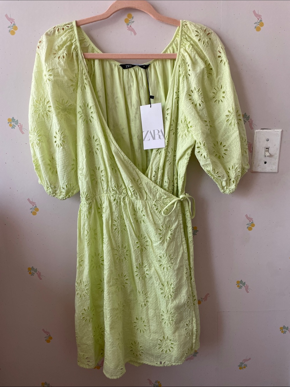 ZARA Pale Lime Eyelet Wrap Mini Dress